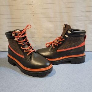 Michael Kors Turner Boots Sz 9 Black Leather Brown Monogram Orange Laces NWOT